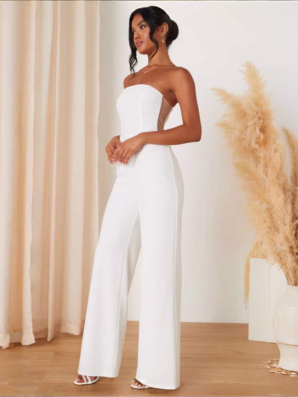 Lulus Adoring Occasion White Strapless Mesh Panel Wide-Leg Jumpsuit Sz M NWT